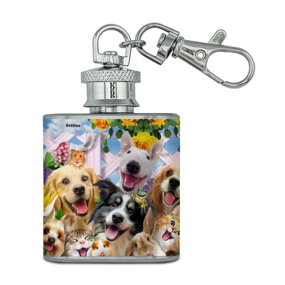 Backyard Animal Pals Selfie Dogs Cats Hamster Frog Stainless Steel 1oz Mini Flask Key Chain