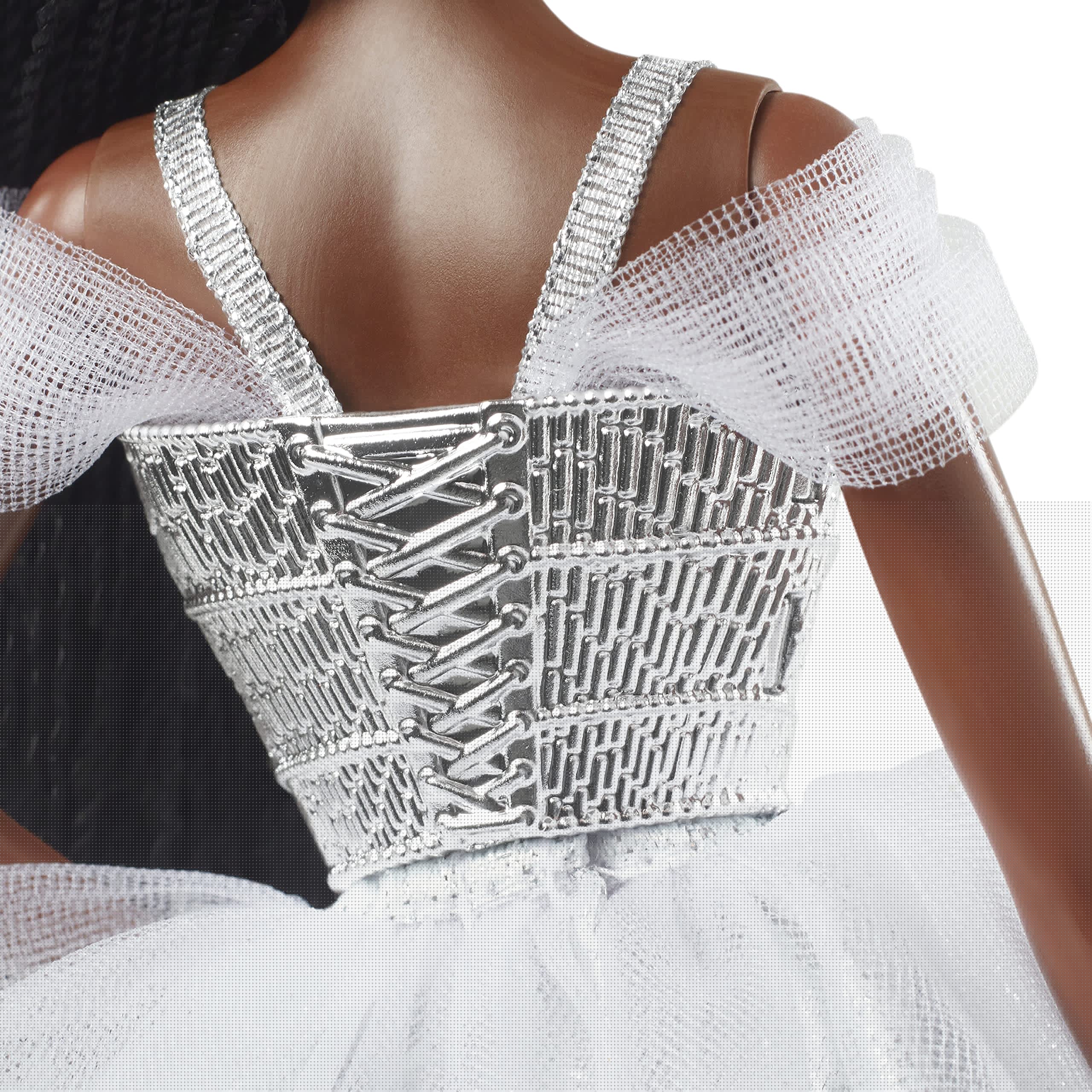 thumbnail image 5 of Barbie Signature 2021 Holiday Doll (12-inch, Brunette Braided Hair) in Silver Gown, with Doll Stand and Certificate of Authenticity, Gift for 6 Year Olds and Up Barbie -, 5 of 7