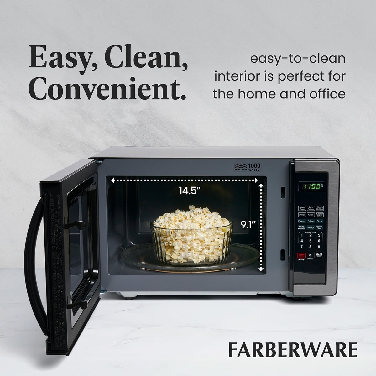 Farberware 1.1 cu ft Microwave Oven, 1000W Countertop Microwave Oven with LED Display, Black/Stainless Steel