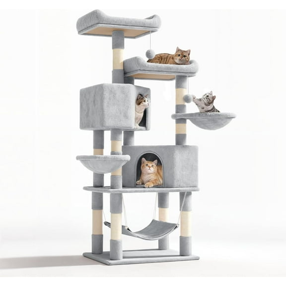 PRZL Cat Tree, 58 Inch Cat Tower for Indoor Cats, Activity Center Multi-Level Cat Tree Tower with Cat Scratching Post & Hammocks & Top Perch & Dangling Ball & Cat Condo, Light Gray