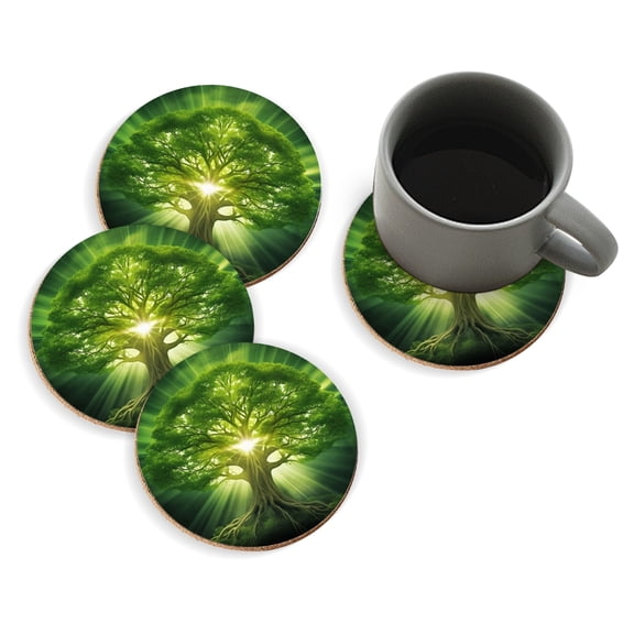 Coasters for Drinks Bar Beer,Set of 4 ,Round Wooden Housewarming Gift,Green Tree Of Life With Rays Emanating From It