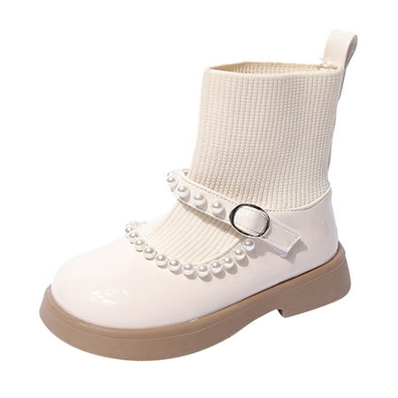 

cngelg Girls Pearl Shoes Fashion Leather Boots Shoes Waterproof Leather Short Boots Non Slip Breathable Boots Girls Booties Size 12 Shoes for Kids Big Girl Size 6 Boots