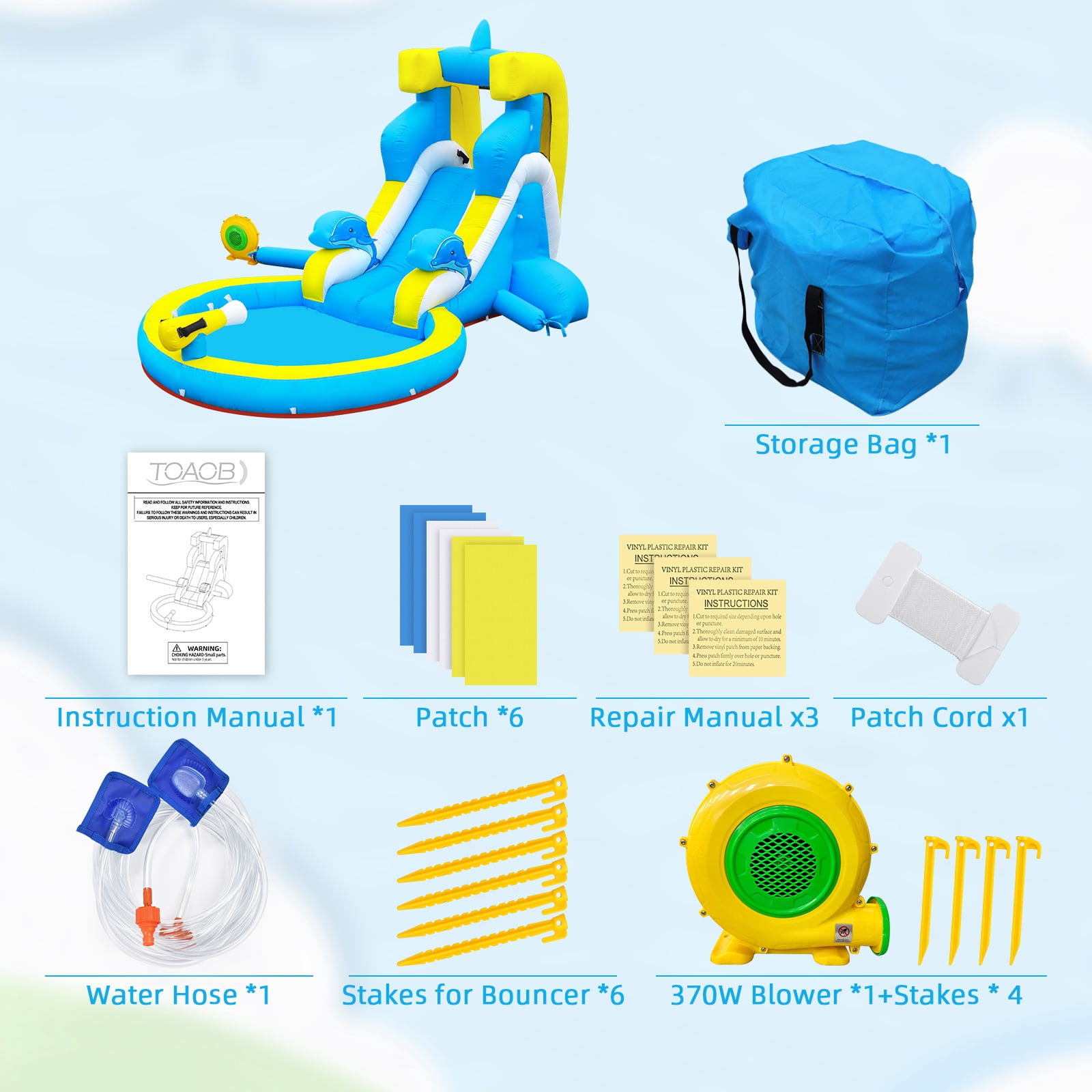 Inflatable Water Slide: 4 in 1 Bounce House Water Park Dolphin Style for Kids - Climbing Wall Splash Pool Water Cannon - 370W Blower - Wet & Dry Indoor Outdoor Backyard Birthday Party