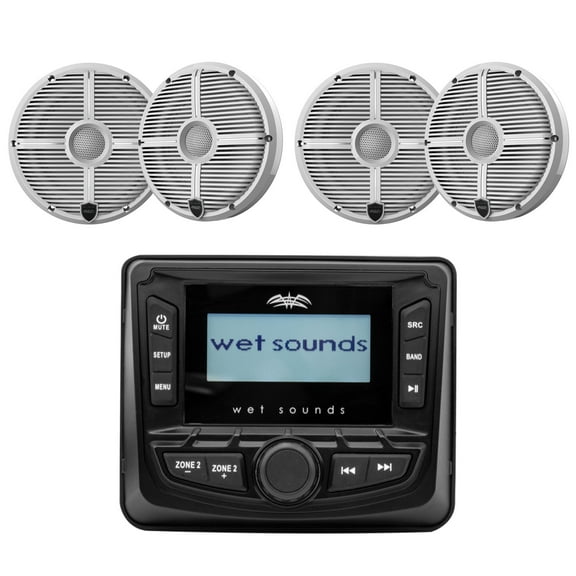 Wet Sounds WS-MC-5 3" Gauge style AM/FM Stereo with 2.7" LCD Display with 2 Pairs Wet Sounds RECON 6 XW-W Recon Series 6.5" 60-Watt RMS Coaxial Speakers With White XW Grilles (Pair)
