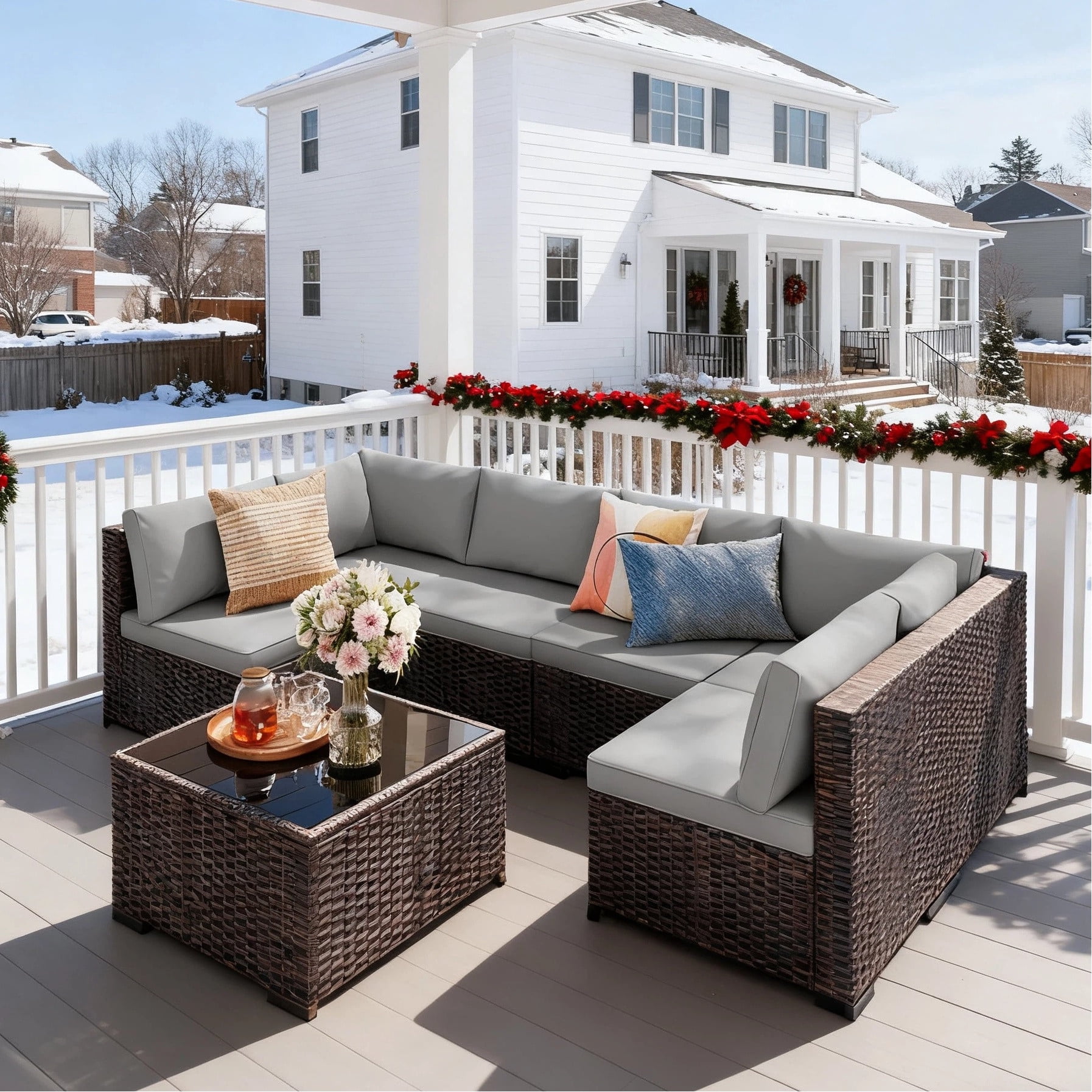 Patio Furniture Set, 7 Pieces Outdoor Conversation Set with Rattan Sectional Sofa, Glass Bistro Coffee Table for Garden Backyard, Gray Removable Cushion