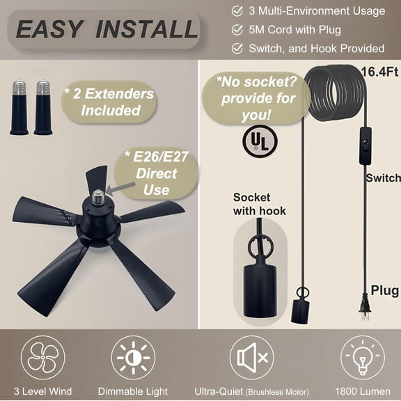 OTGFRF-Socket Fan Light, 20.5", Plug in Ceiling Fan, Gazebo Fan, Outdoor/Indoor 2 Versions, 16.4 Ft Cord with Hook UL Listed, Ceiling Light with Remote (black)