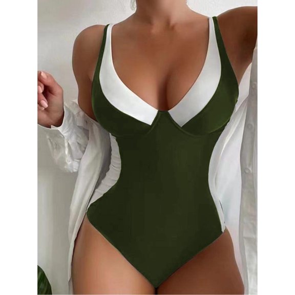 One Piece Swimsuit Women Color Block Swimwear with Deep V Neck High Waist Summer Beach Pool Womens Swimsuits Army Green L