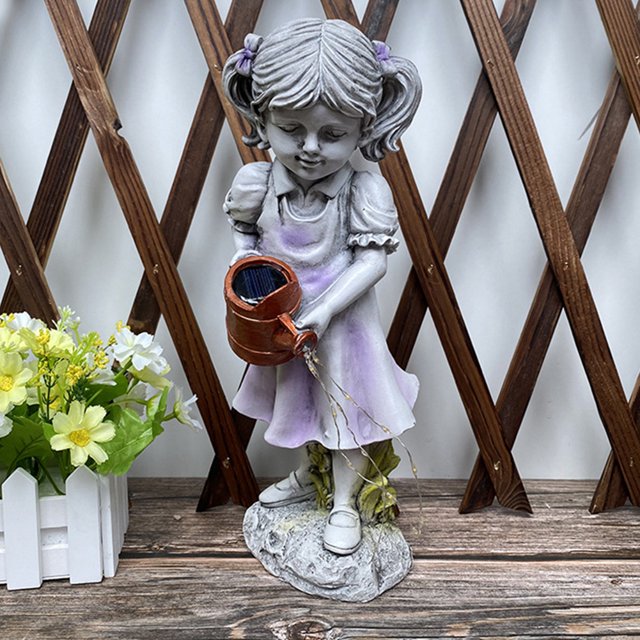 Estatua de iluminación Solar de gnomo, tetera de niña, estatua de resina para decoración de jardín