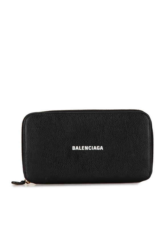 Pre-Owned Balenciaga Logo Round Zip Long Wallet 594290 Black Leather Women's... (Good)