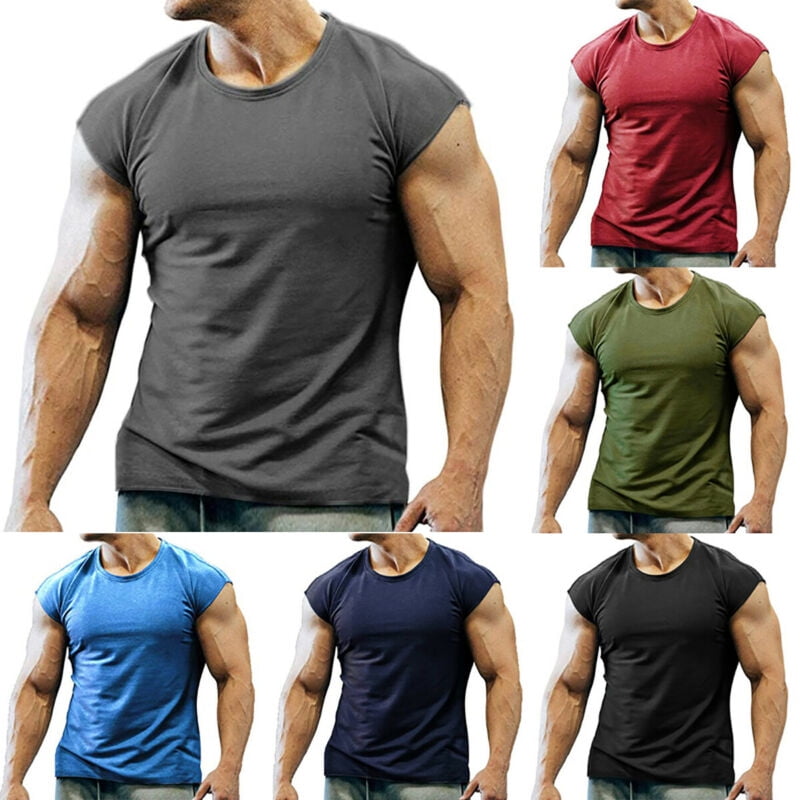 Mens Summer Plain T-Shirt Sports Gym Fitness Cap Sleeve Vest Tank Tops ...