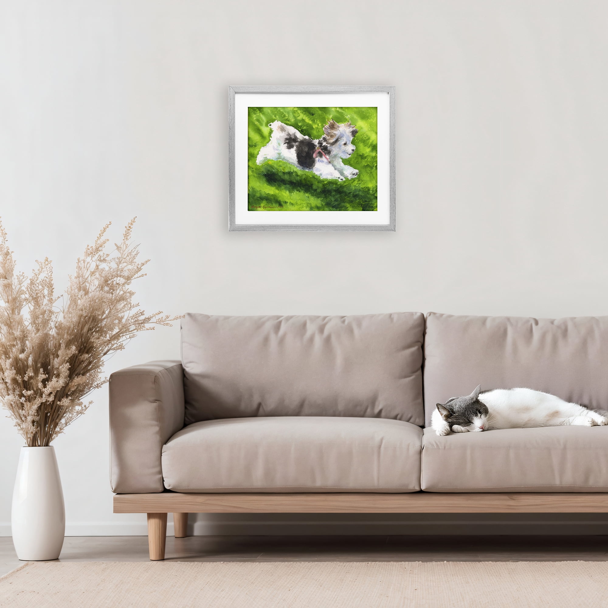 Stupell Industries Happy Maltipoo Running Gray Framed Print Under Glass, design by George Dyachenko