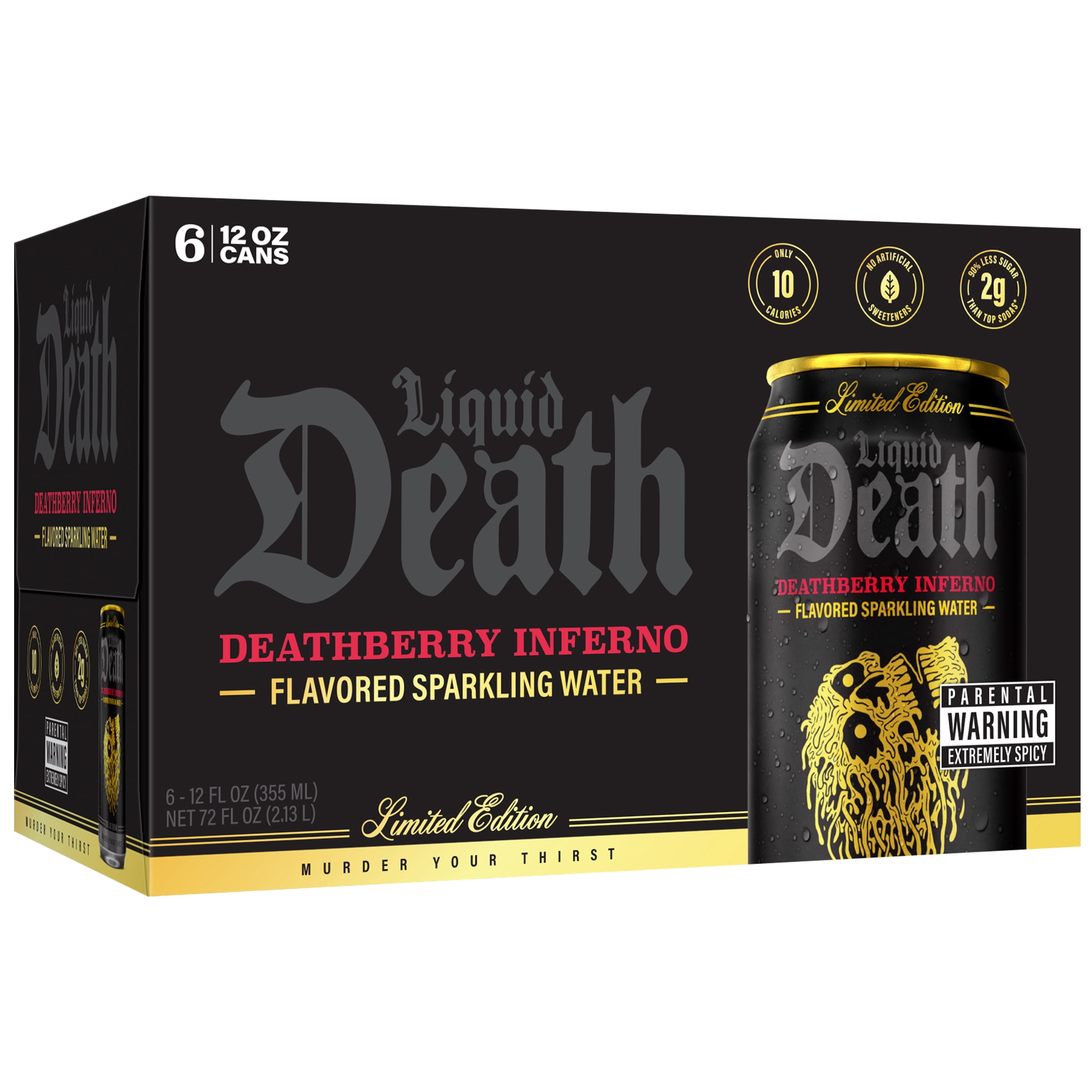 Liquid Death, Deathberry Inferno, Strawberry Lava Flavored Sparkling Water, 6-Pack (12 fl oz Cans), Low Calorie and No Artificial Sweeteners
