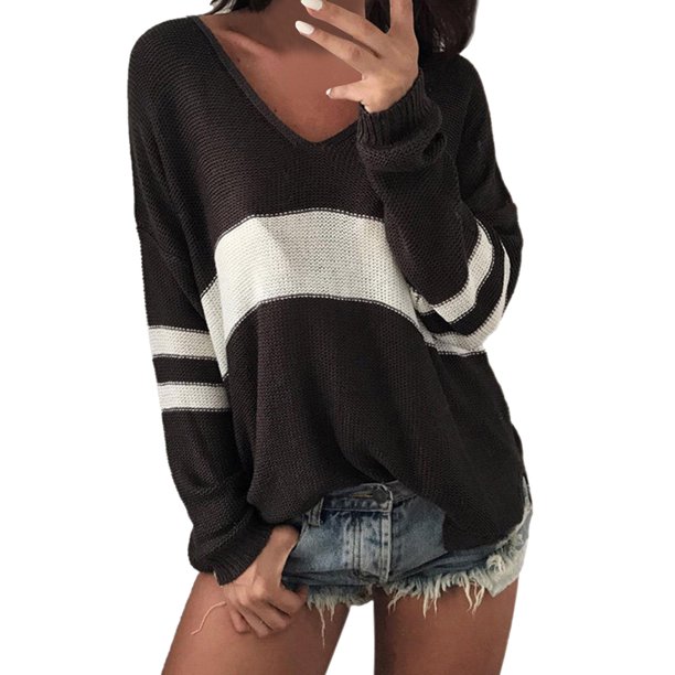 Gibobby Suéter de invierno para mujer de manga larga con cuello en V para mujer Suéter de punto informal a rayas a la moda(Negro,G)