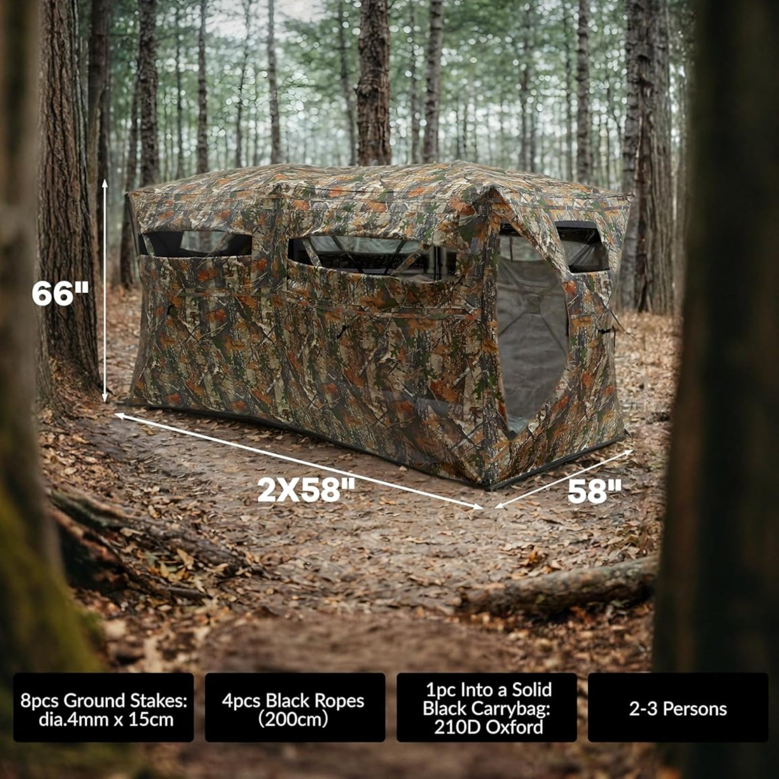 M optimized Portable Hunting Blind 270 Degree See Through 4-6 Person Pop up Ground Blinds for Deer Turkey Duck Hunting, Bow Hunting Adjust Windows with Silent Door
