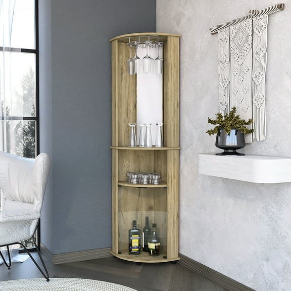 3 Shelf Corner Bar Cabinet - Beige, Freestanding, Contemporary, Engineered Wood With Glass Rack & Wine Shelf, Wood, Open Storage, Doors, Mirror Storage