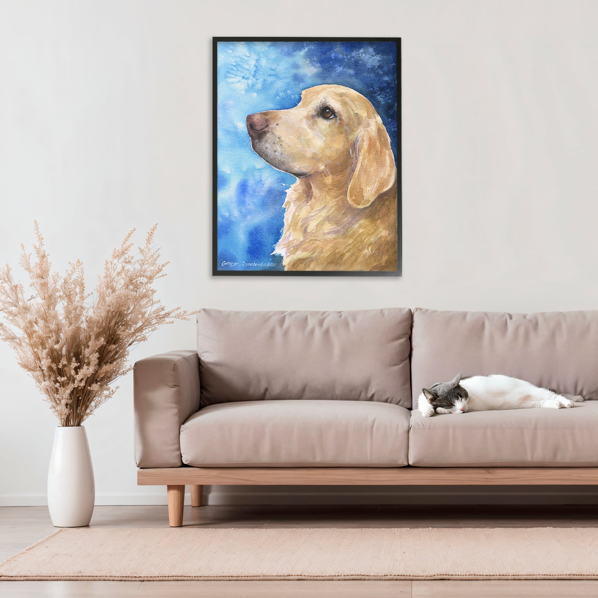 Stupell Industries Golden Retriever Portrait on Azure Black Framed Giclee Art, design by George Dyachenko
