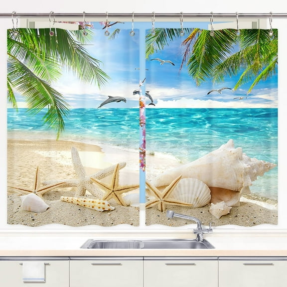 Beach Scene Kitchen Curtains, Ocean Beach Kitchen Curtains Seaside Costal Scenery Landscape Nautical Sea Window Treatment Valances for Bedroom Bathroom Laundry Room 2 Panels 21 x 45 Inch