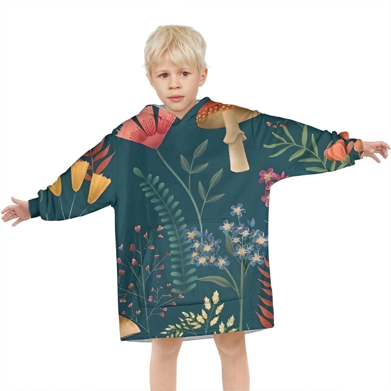 Colorful Mushroom Flower Dark Green Pattern Blanket Hoodies for Kids 6-13YR Oversize Wearable Blanket Hoodies for Boys Girls Teens