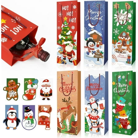 12 Pack Christmas Wine Bottle Gift Bags with Handle Tags, Holiday Wine Gift Bags Wrapping for Christmas Wine Gifts