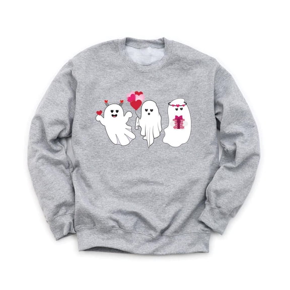 Cute Ghosts Valentine's Day Unisex Gray Sweatshirt Love Ghost and Heart Balloons Design Holiday Sweater