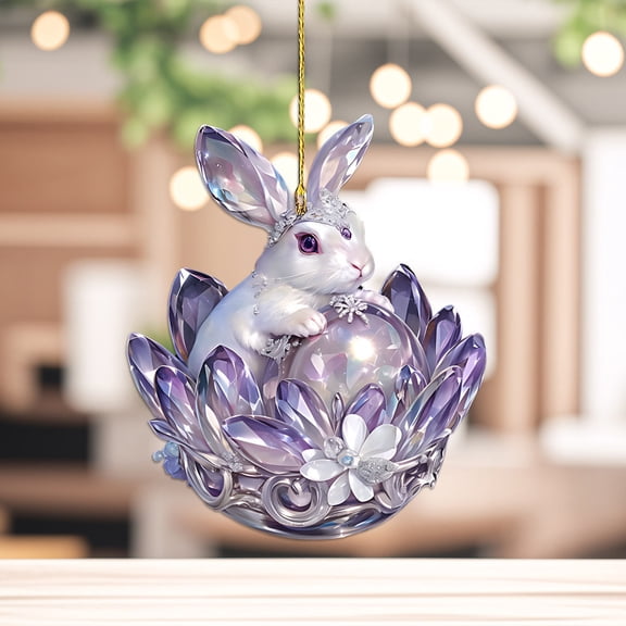 BiFandian Acrylic Crystal Rabbit Hanging Ornament, 2D Flat Animal Pendant for Easter Decoration, Car Mirror Hanging Accessories