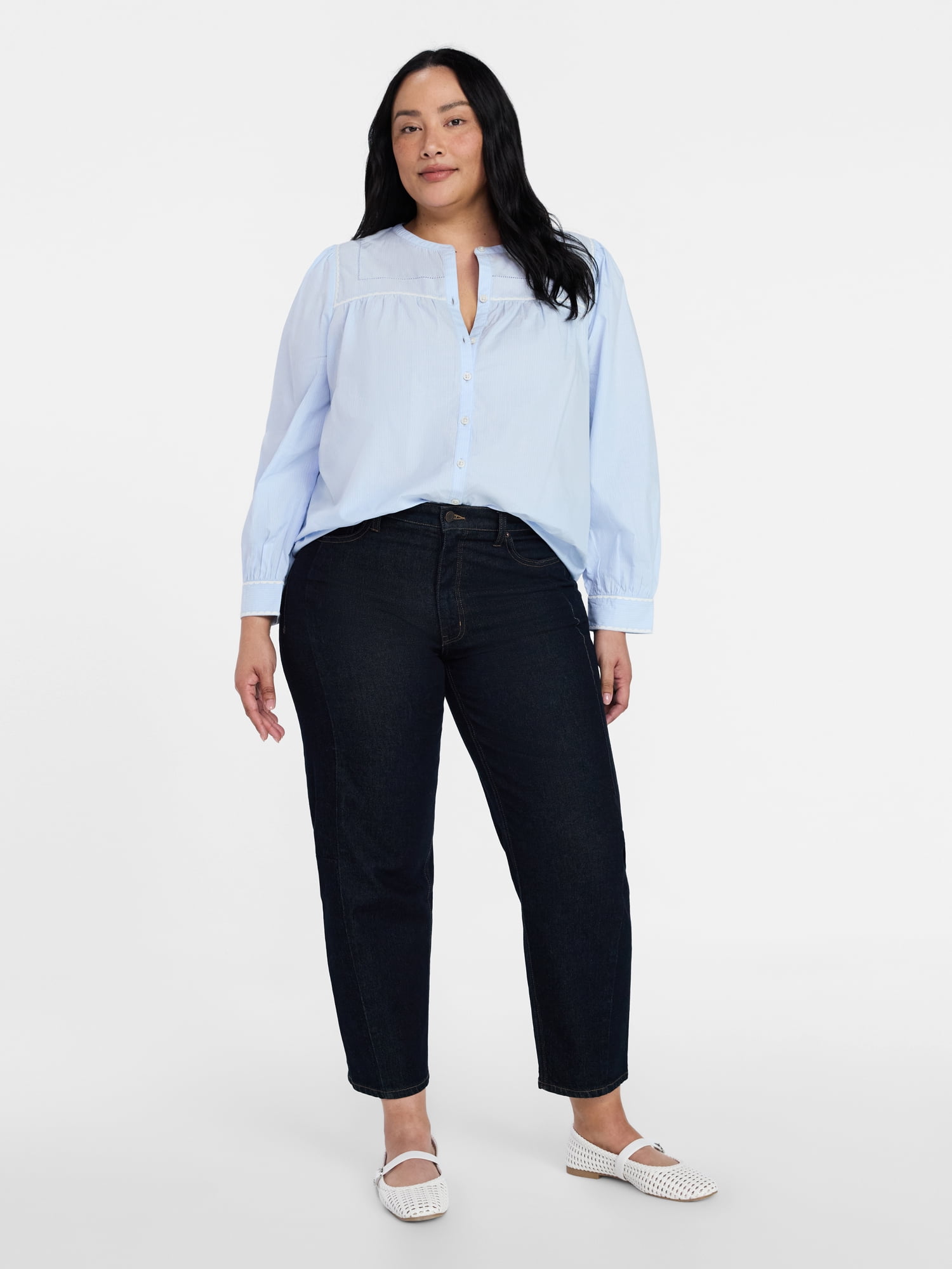 Time and Tru Women's Embroidered Cotton Button Front Shirt with Long Sleeves, Sizes XS-XXXL
