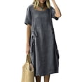 thumbnail image 4 of Women's Cotton Linen Crew Neck Midi Dress Short Sleeve Loose Casual Long Dress with Drawstring Waist Side Pockets Gray XXL(XXL), 4 of 6