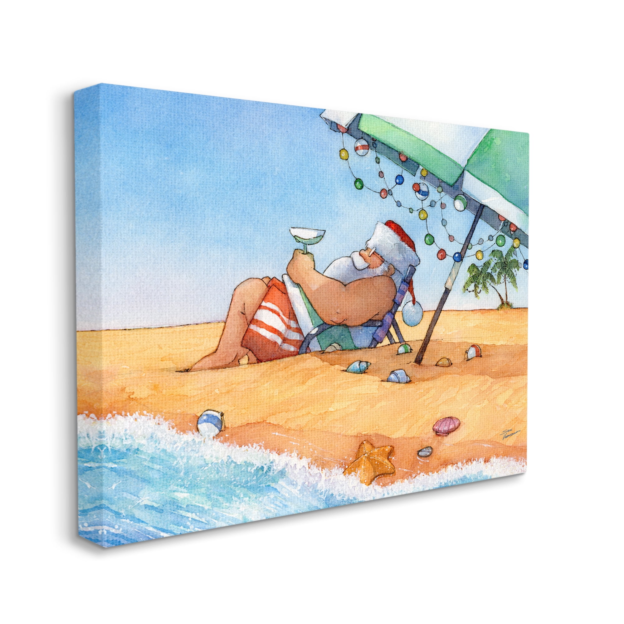 Santa Claus Lounging Beach Umbrella Seaside Christmas Holiday Painting Gallery-Wrapped Canvas Print Wall Art