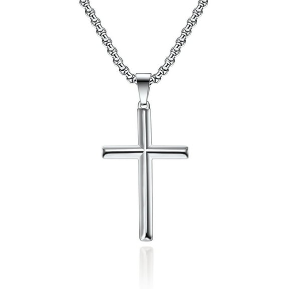 ICTPTOSL Cross Necklace for Men Women Beveled Edge Cross Necklace Sterling Silver Crucifix Pendant with Stainless Steel Chain, 24"