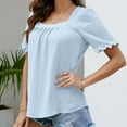 thumbnail image 2 of WREESH Womens Fashion T-Shirts Square-Neck Solid Color Summer Neck Short Sleeve Blouses Pullover Light Blue, 2 of 6