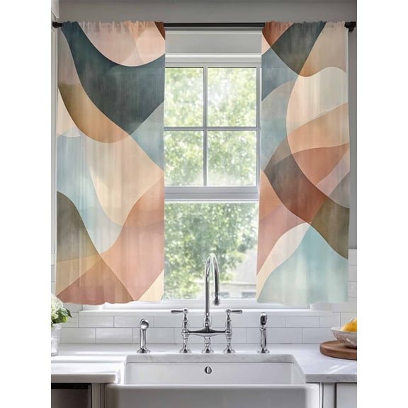 Abstract Stitching Sheer Curtains 72 Inches Long 2 Panels Vintage Blue Brown Water Ripple Light Filtering Semi Sheer Window Curtains Drapes for Bedroom Living Room 52"x72"