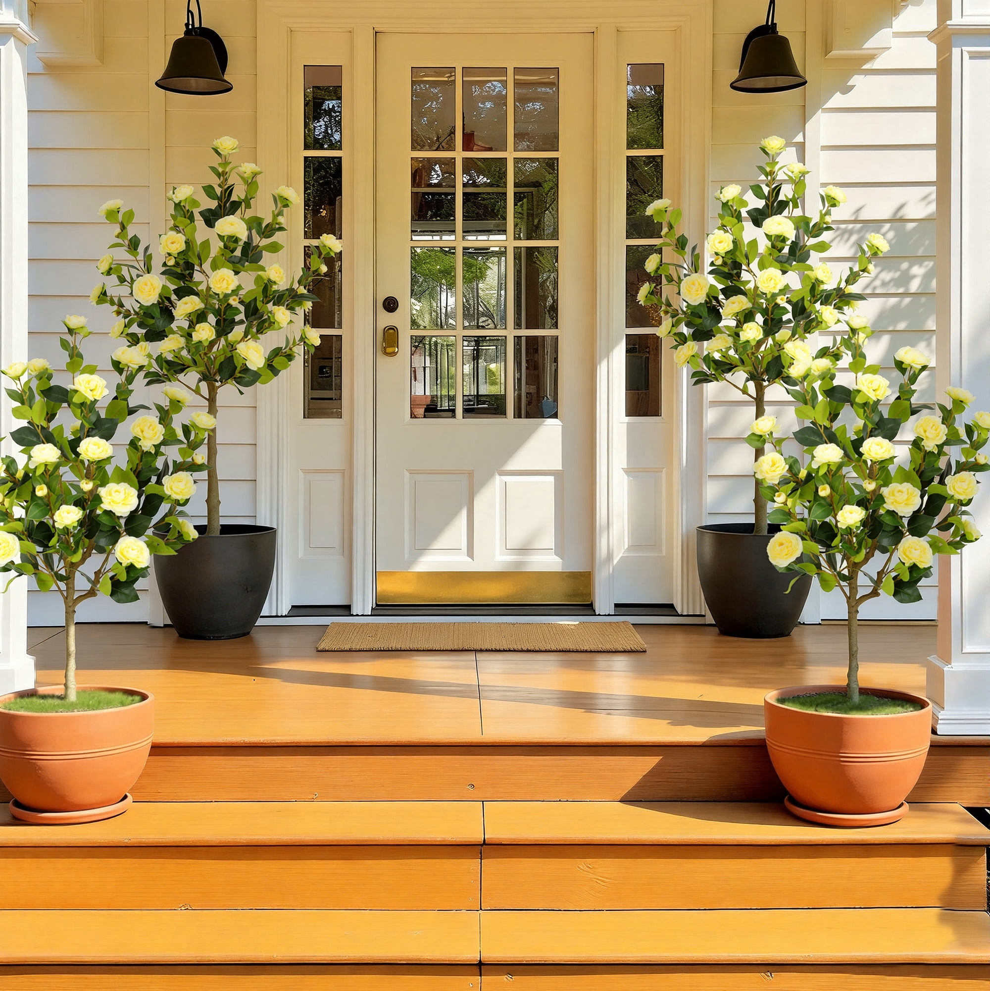 RosyHaven 4ft 2pack Artificial Camellia Tree with Realistic Yellow Flowers, 48"Lifelike Faux Flower Treewith Blooming Fake Flowers for Front Door Porch Patio Garden Yard Poolside Living Room Decor