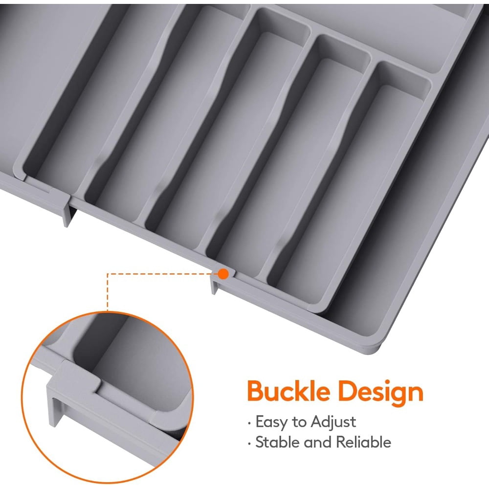 Silverware Drawer Organizer, Expandable Utensil Tray for Kitchen, BPA Free Flatware and Cutlery Holder, Adjustable Plastic Storage for Spoons Forks Knives, Large, Black