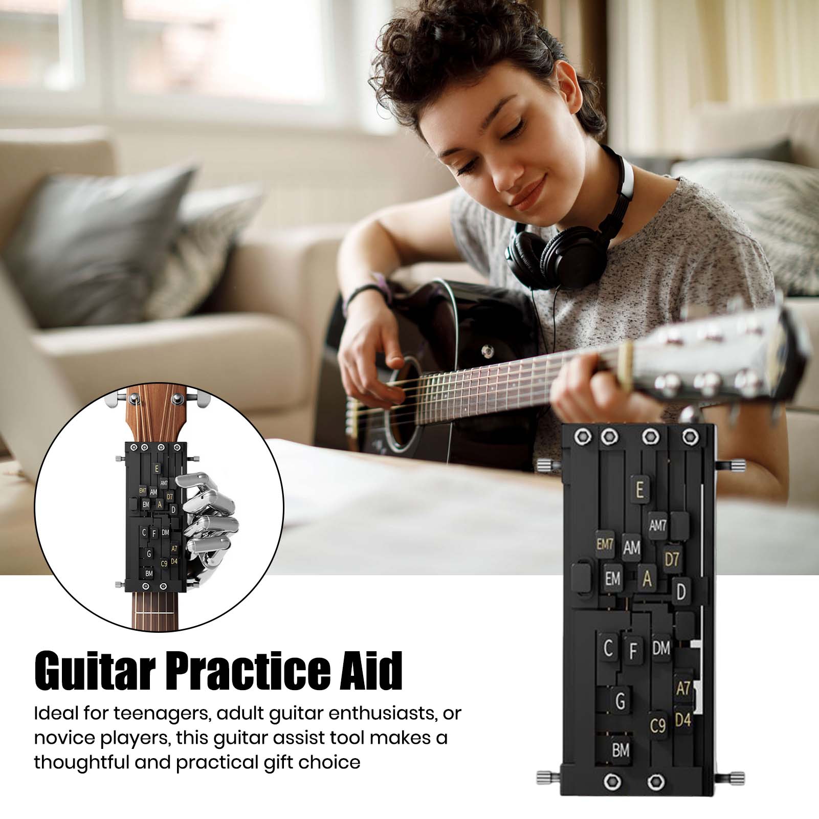 Guitar Chord Trainer Tool For Beginners – Presser Aid, ABS Plastic, Black
