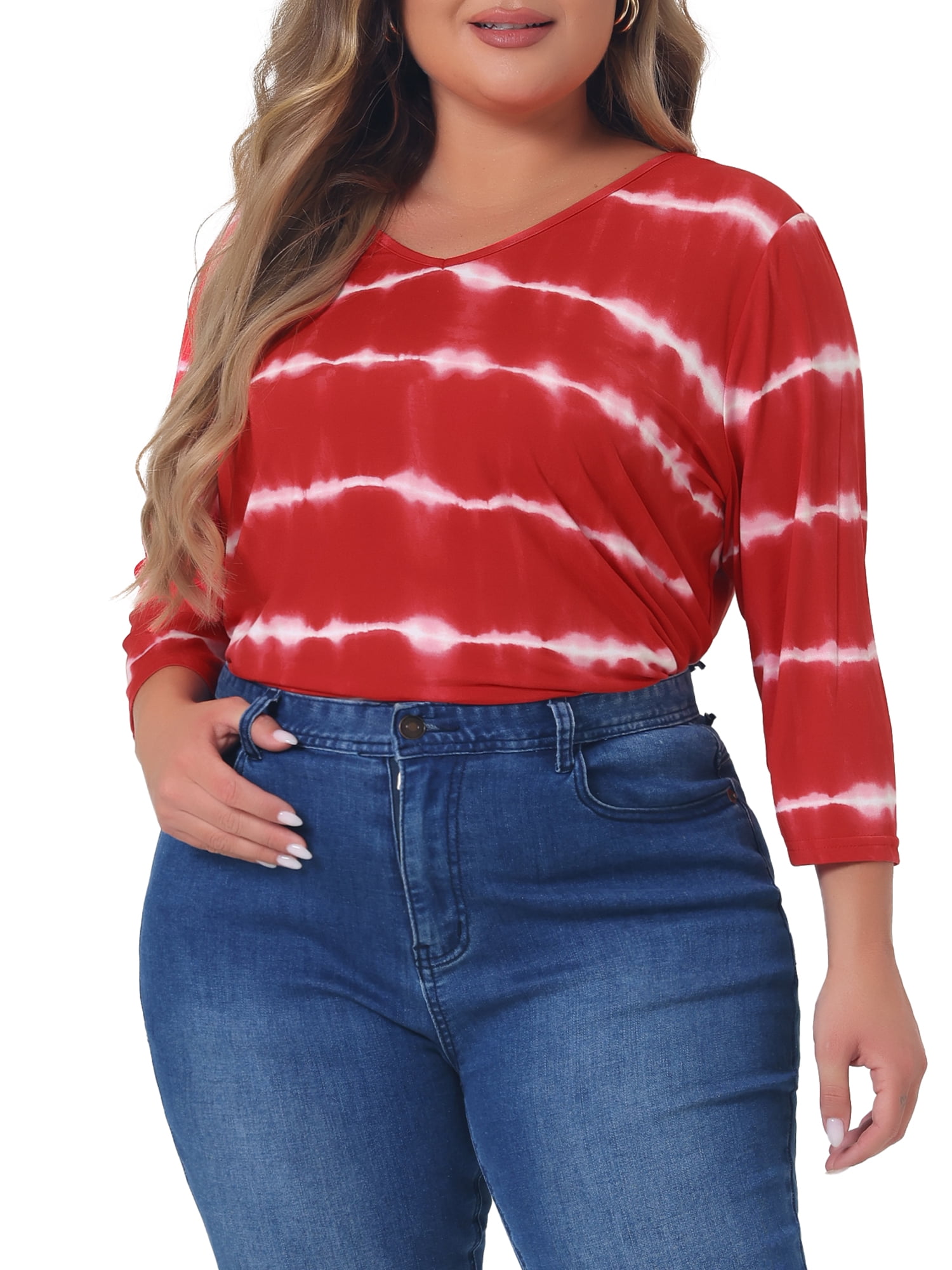 DARING DIVA Women's Plus Size V Neck 3/4 Sleeve Striped Tie Dye Blouse 1X Red