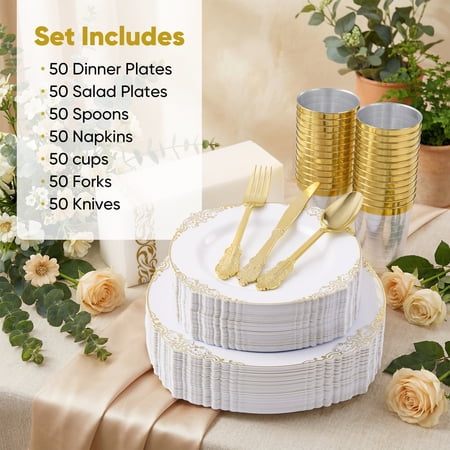 DALUVENIX 350 PCS GOLD PLASTIC DINNERWARE SET FOR 50 GUESTS,  DISPOSABLE DINNERWARE SETS INCLUDE 100 GOLD RIM PLASTIC PLATES, 50 SILVERWARES, 50 CUPS, AND 50 NAPKINS FOR PARTY, WEDDING, HOLIDAYS