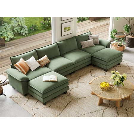 Linsy Home 157" Oversized Modular Sectional Sofa with 2 Movable Ottomans, 4-Seat U Shaped Cloud Couch for Living Room, Green