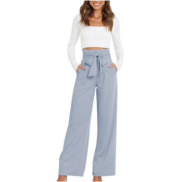 Women's Casual Wide Leg Pants High Waisted Self Tie Belted Straight Long Loose Palazzo Work Trousers Dress Pants
