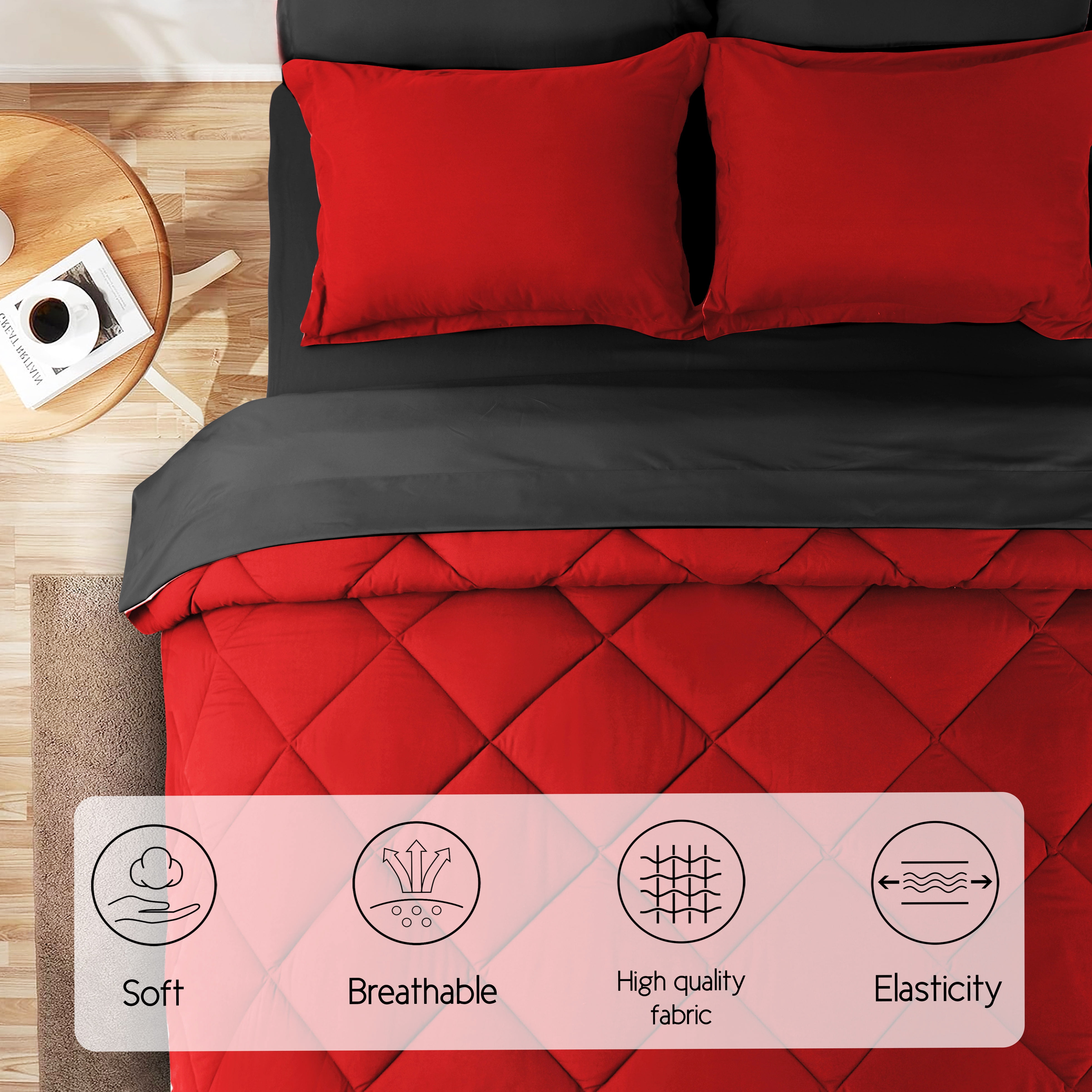 HIG 7 Piece Reversible Full Comforter Set - Red Quilted Down Alternative Bedding All Season Super Soft Microfiber Bed in a Bag Includes Sheets Pillowcases Shams