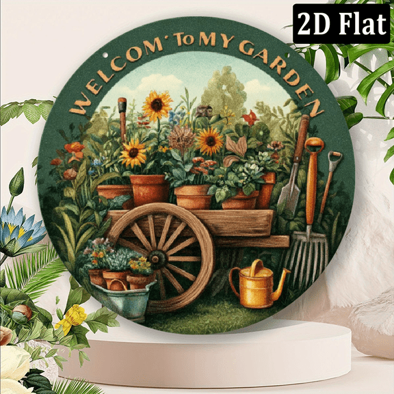 2D Flat, 1pc Vintage Outdoor Garden Metal Sign, 'Welcome to My Garden' Round 8x8 Inch Aluminum Sign 2D Flat for Garden Decor or Gardening Enthusiasts