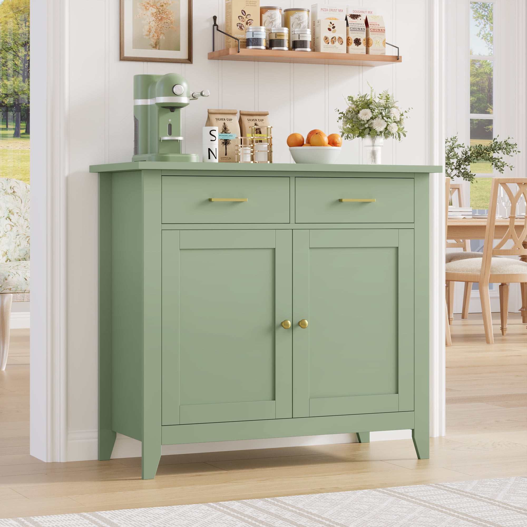 Homfa Kitchen Storage Cabinet, Farmhouse Buffet Sideboard with 2 Drawers and 2 Doors, Entryway Cabinet Coffee Bar for Dining Room Living Room, Green