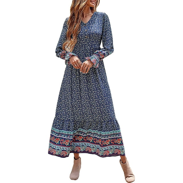 Robe Maxi à Manches Longues pour Femmes - Robe Longue Décontractée à Col en V avec Boutons et Imprimé Floral Boho pour l'Automne