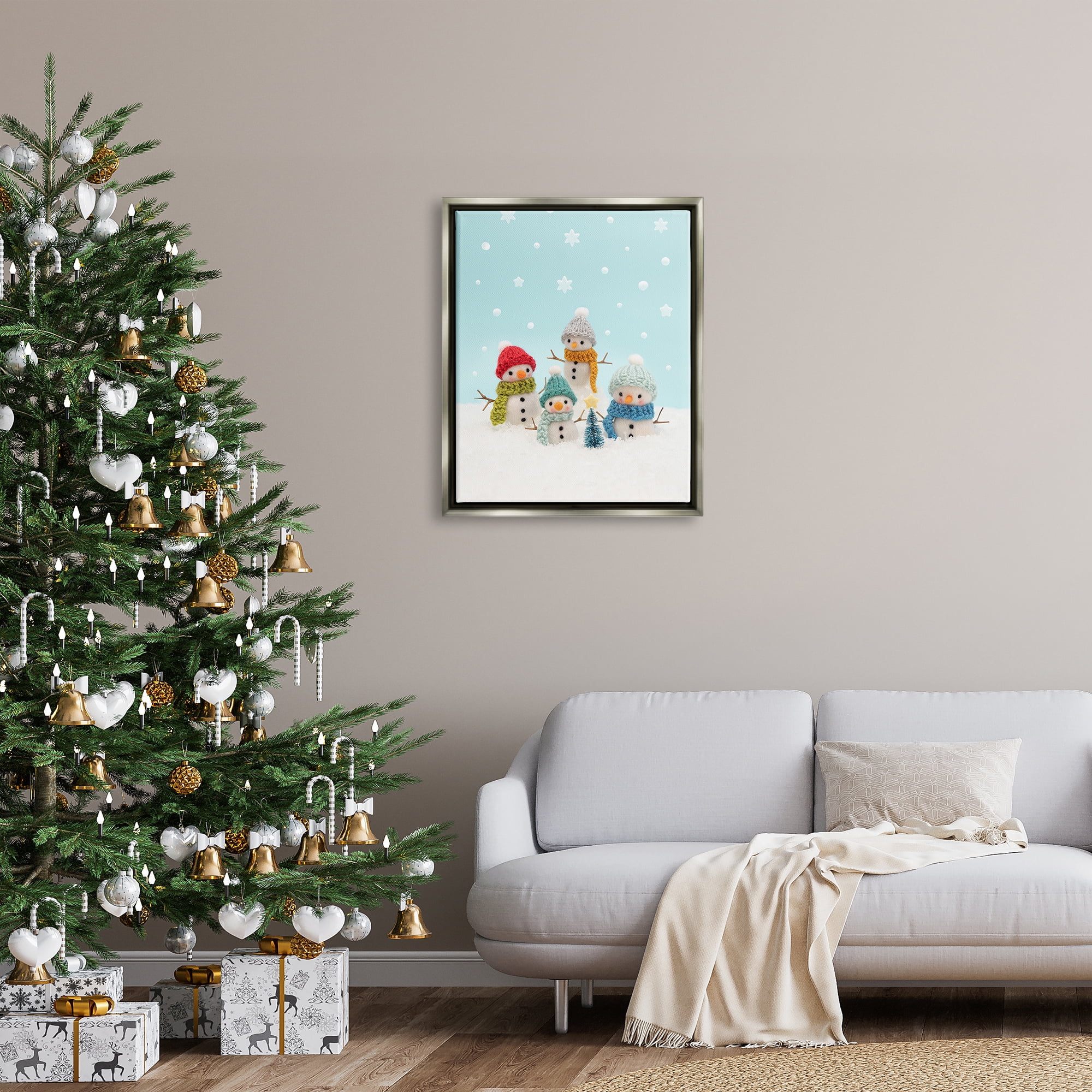 Stupell Industries Winter Snowmen Christmas Tree Holiday Photography Gray Floater Framed Art Print Wall Art