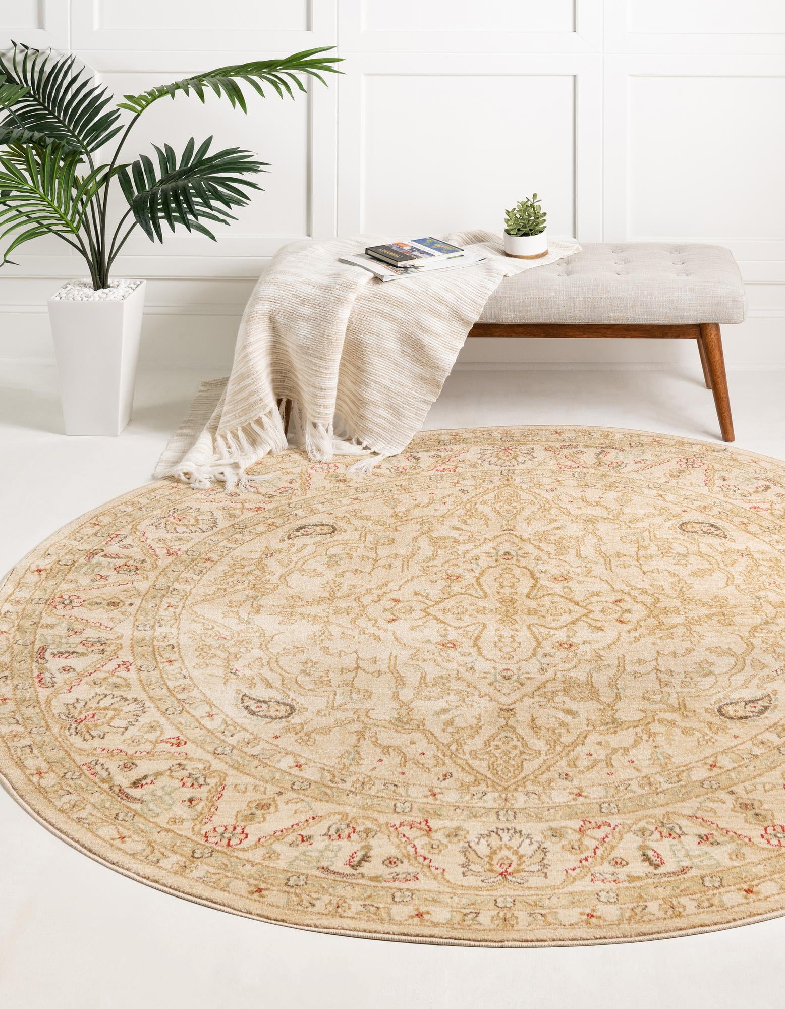 Unique Loom Daisy Edinburgh Rug Cream/Beige 6' 1" Round Floral