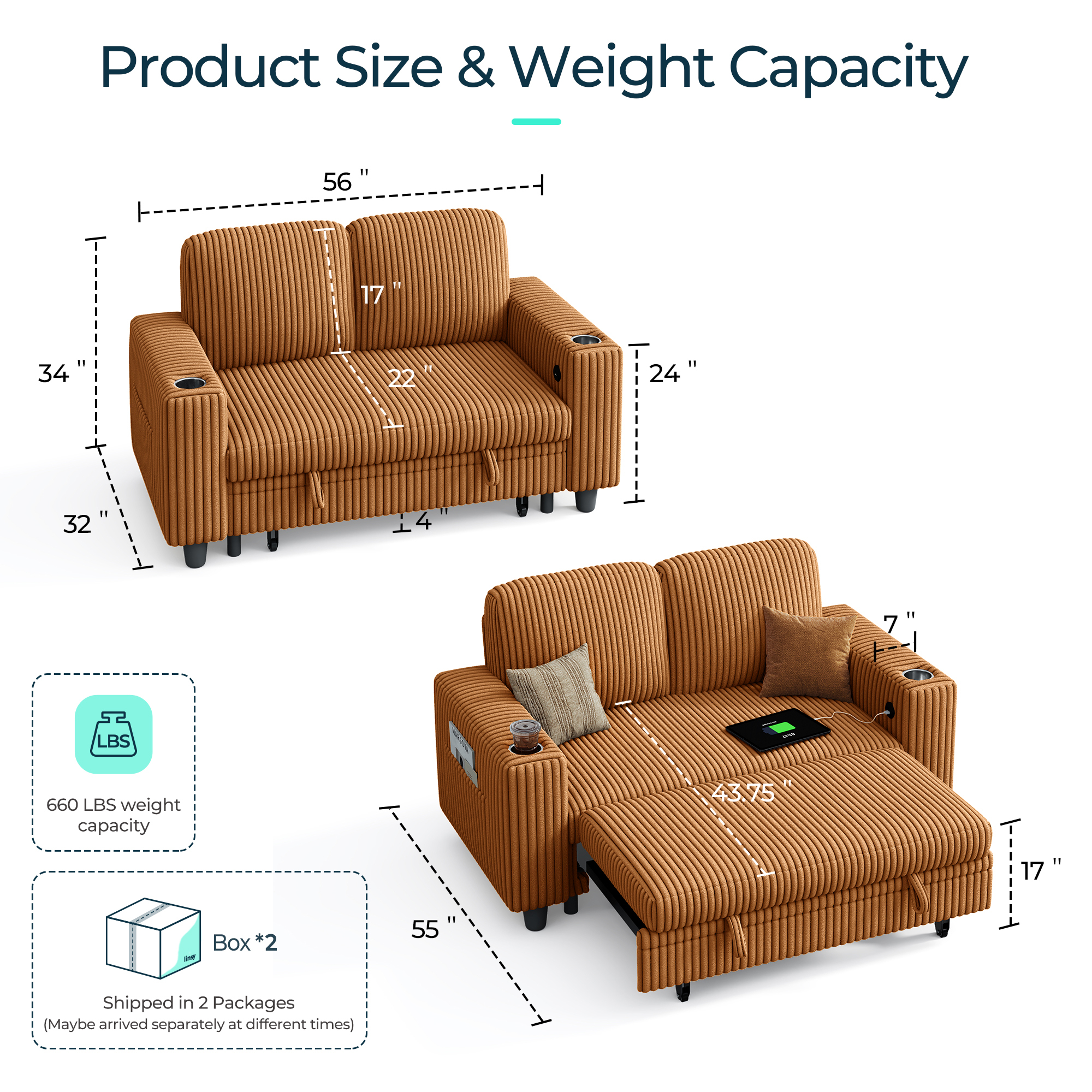 LINSY HOME Pull Out Couch Chaise Lounge for Living Room, Convertible Loveseat Sofa Couch With Usb & Cup Holder, Brown