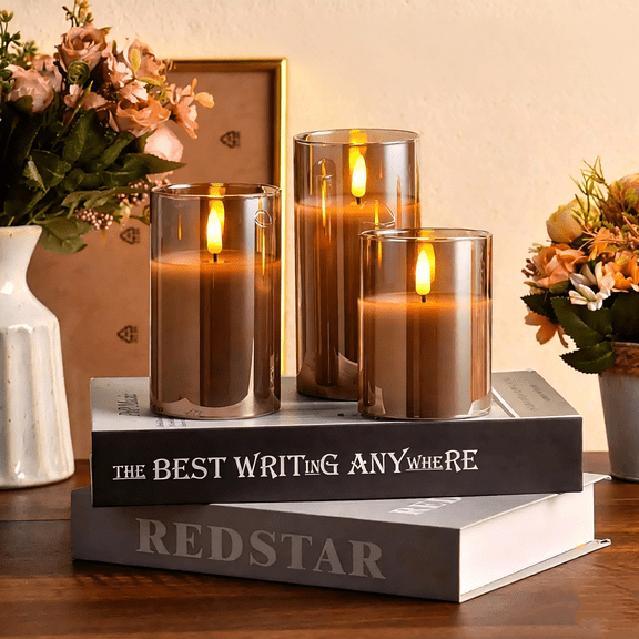 Goyuon Flameless Acrylic LED Pillar Candles Remote Control Timer 3D Flame Effect Battery Powered for Party/Home/Wedding Decoration 3 Pack(Grey)