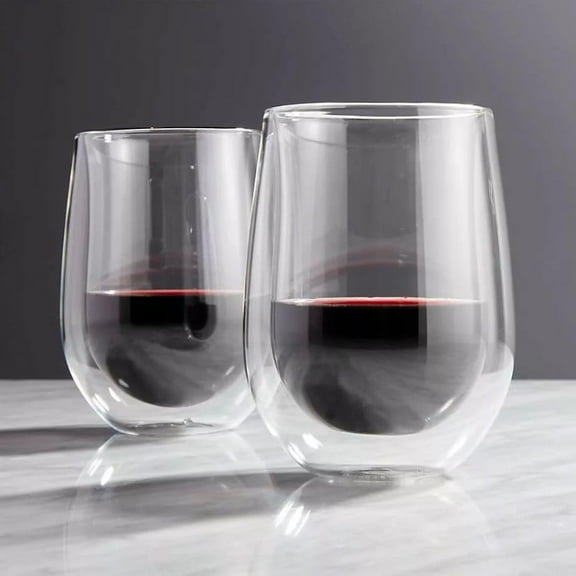 Set of 2 Double Wall Insulated Glass Hand Blown Stemless Wine Glass Coffee Mug Tea Glass