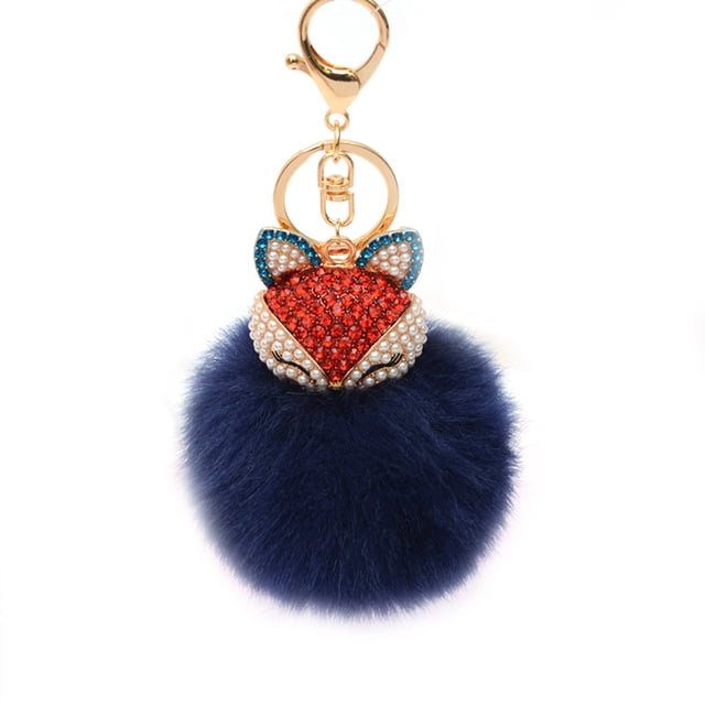 BRIGHTFUFU Llavero de bola esponjosa con incrustaciones de perlas y diamantes de imitación para bolso, celular o coche (azul marino)