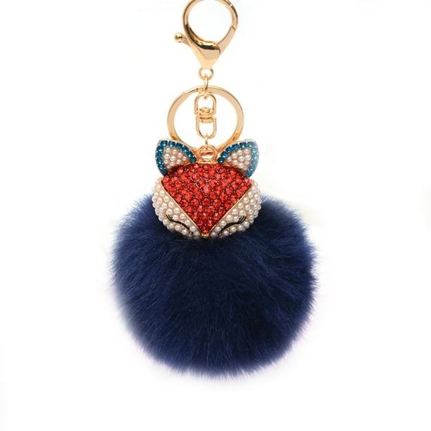 BRIGHTFUFU Llavero de bola esponjosa con incrustaciones de perlas y diamantes de imitación para bolso, celular o coche (azul marino)