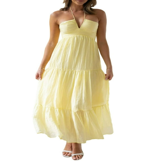 Robe Longue Dos Nu Sans Manches Ligne A Fluide pour Femmes Robe de Plage